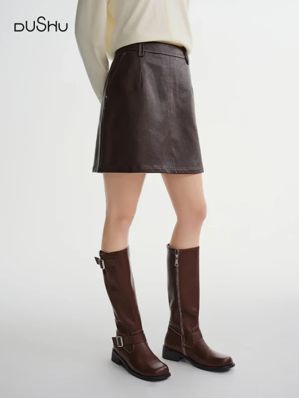 DUSHU Gonna in pelle a trapezio a vita alta da donna taglie forti Inverno 2025 Nuovo arrivo dalla mezza gonna della collezione marrone nero audace 1