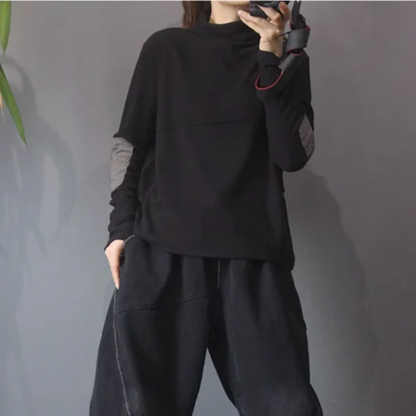 Magliette casual patchwork taglie forti Primavera Autunno Nuova manica lunga allentata All-match Top vintage Moda High Street Abbigliamento donna 3