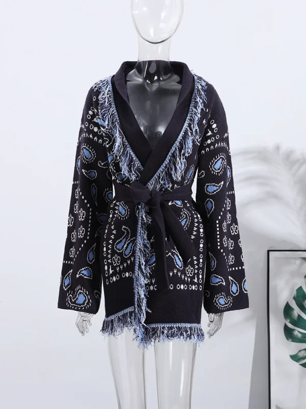 Nappe vintage Stampa Cardigan con stampa da donna Scollo a V Lace Up Manica intera Maglioni impiombati 2025 Autunno Lady All-match Kintwears 2