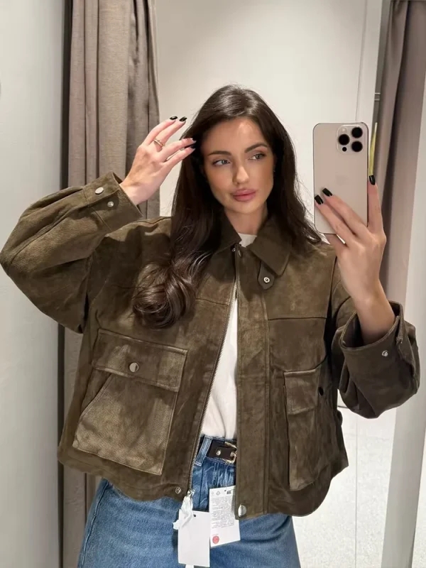 Giacca in pelle scamosciata da donna 2025 Nuove donne Moda manica lunga con cerniera Giacche in pelle scamosciata Donna Autunno Inverno High Street Cappotti corti 1