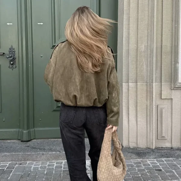 Bomber da donna Cappotti Moda Colletto rovesciato Manica lunga Cappotti larghi Capispalla femminile vintage Top chic 4
