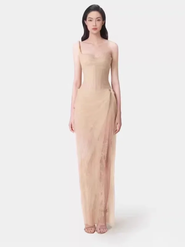 Elegante abito avvolgente in rete sul petto Abito primaverile da donna senza maniche con cinturino senza schienale Abito estivo a canotta lunga senza spalline a vita alta 1
