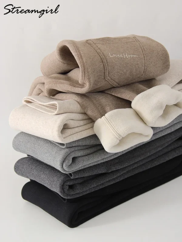 Leggings marroni invernali Pantaloni lunghi in pile da donna Leggings con fondo in velluto a vita alta con tasche Leggings spessi caldi per le donne invernali 1