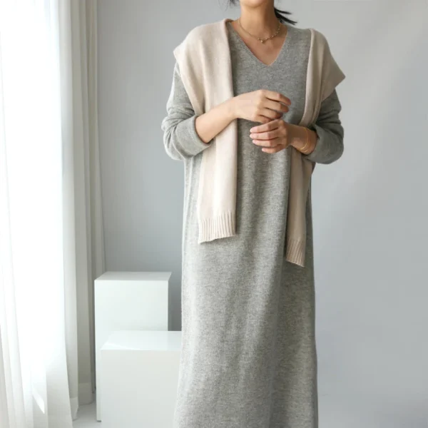 Abito lungo maglione donna 2024 autunno inverno nuovo scollo a V lavorato a maglia donna allentata maxi abito in cashmere abiti eleganti stile coreano 3