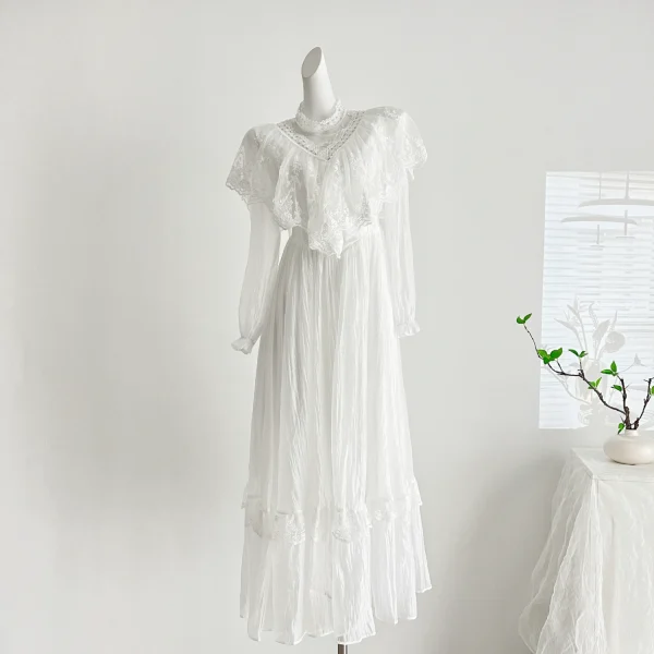 Abito da fata in pizzo bianco Donna Stile vittoriano vintage Manica lunga Collo semi-alto Abiti lunghi da donna romantici Vestido Branco 2