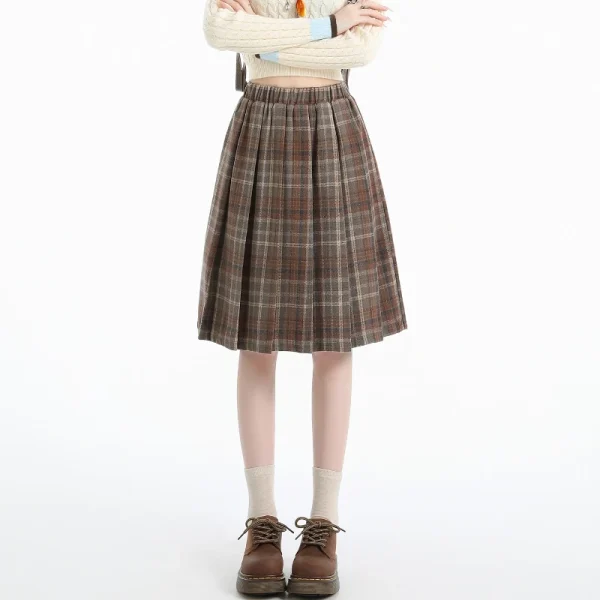 Gonna scozzese a pieghe in lana stile preppy Donna Autunno Inverno Retro Elastico a vita alta Gonne Donna giapponese A Line Faldas 2025 Nuovo 2