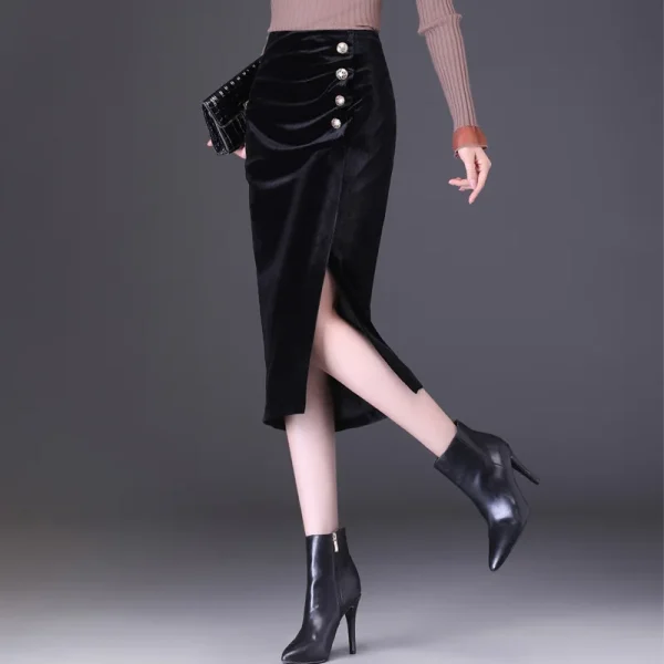 Gonna avvolgente di media lunghezza in velluto dorato per donna con spacco laterale Elegante tessuto in poliestere stile pendolare d'affari aderente 3