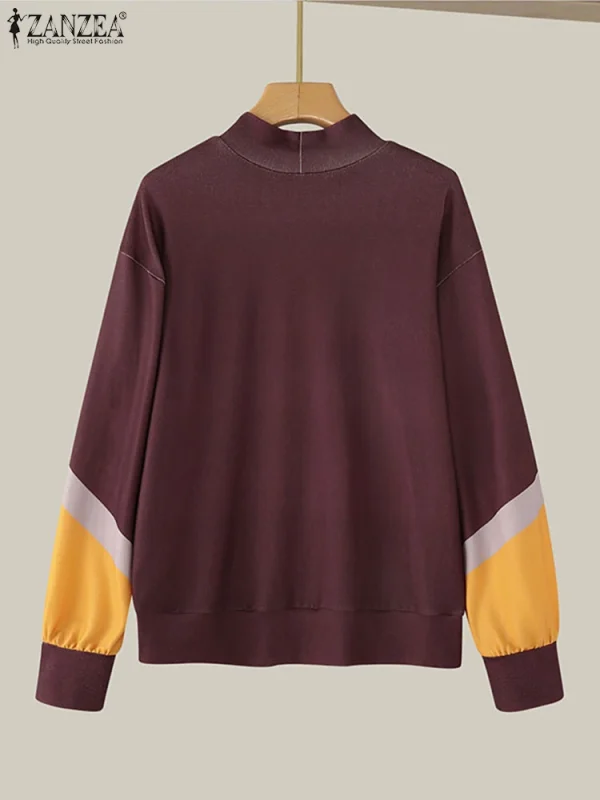 ZANZEA 2025 Donne di Autunno Elegante Collo Alto Lavorato A Maglia Magliette Casual A Maniche Lunghe T-Shirt Moda Colorblock Magliette e camicette Patchwork Tuniche 5