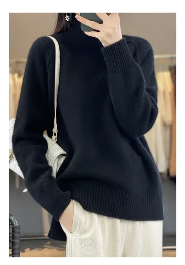 Maglione di cashmere a collo alto da donna Maglione raglan pigro ispessito in morbida lana al 100% con spacco per l'autunno inverno Comodo ceroso W 6