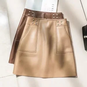 Moda coreana autunno inverno donna tasca con cerniera solida temperamento ufficio signora chic gonna a vita alta corta sottile a trapezio in pelle PU 1