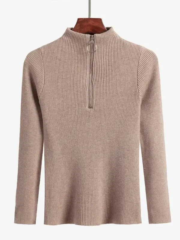Maglioni lavorati a maglia solidi moda donna Maglione vintage a maniche lunghe con zip basic a mezzo collo alto Pullover femminili Top casual chic 5