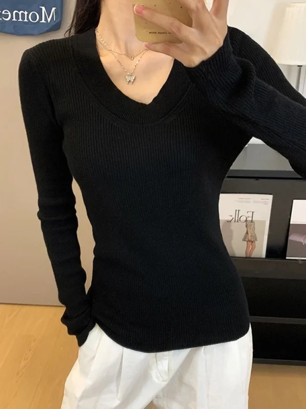 Maglione sottile autunnale da donna o collo pullover lavorato a maglia maglieria a maniche lunghe top abiti di moda coreani maglioni slim basic solidi 5