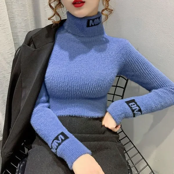 Autunno Inverno Nuovi maglioni con stampa di lettere Manica lunga Collo alto Tinta unita Slim Pullover giovanili Abbigliamento donna moda elegante 2