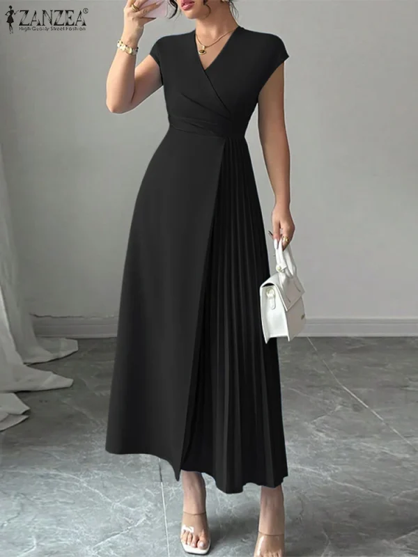 ZANZEA Ufficio Abiti da donna 2025 Elegante scollo a V senza maniche Abito da festa Solido Pieghettato Vestito estivo Elegante Vita Maxi Abiti lunghi 5