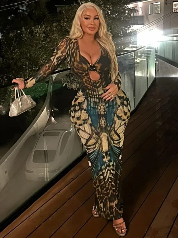 Nibber Abito con stampa a farfalla Donna Anello in metallo Hollow Collo basso Manica intera Splits Robe Mezzanotte Elegante Sexy Faashion Abiti 5