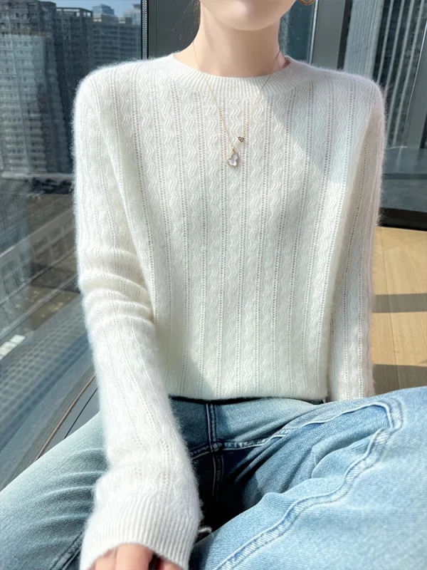 Autunno Inverno Maglione Pullover da donna 100% lana merino Maglione O-Collo Abbigliamento Jacquard Moda quotidiana All'interno Unisciti in maglia ritagliata 1