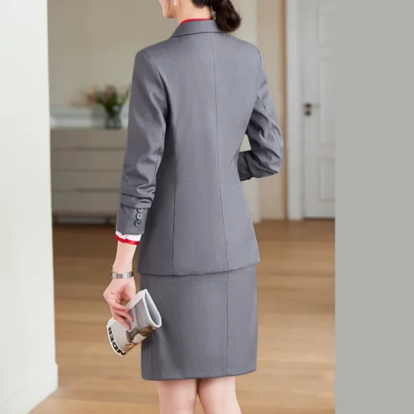 NAVIU Set di pezzi da traino Completi da donna 2024 Nuove signore da ufficio Elegante scollo a V Manica lunga Giacca sottile Solido Gonna sottile Abiti Rosso 4