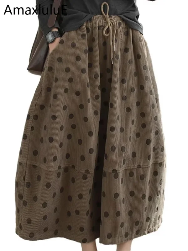 Amax luluE 2024 Delle Donne di Inverno di Lusso Dot Vestiti di Modo Allentato di Velluto A Coste Delle Signore Elegante Gonna Per Il Tempo Libero Classico Elastico Streetwear 1