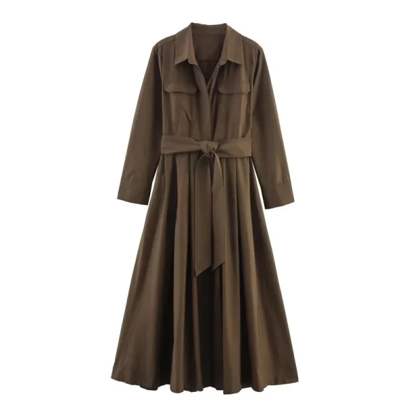 Abito da donna Autunno 2025 Nuovo colore solido Camicia a maniche lunghe Stile A-Pendulum Abito Cintura Decorazione Personalità della moda casual 2