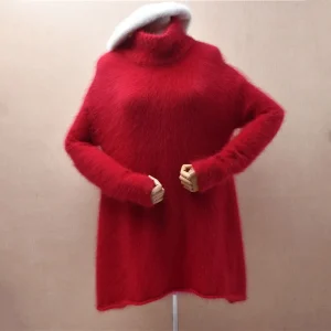 Pull Femmes Donna Rosso Autunno Inverno Vestiti Visone peloso Cashmere Dolcevita lavorato a maglia Maniche lunghe Abito maglione maglione medio lungo 1