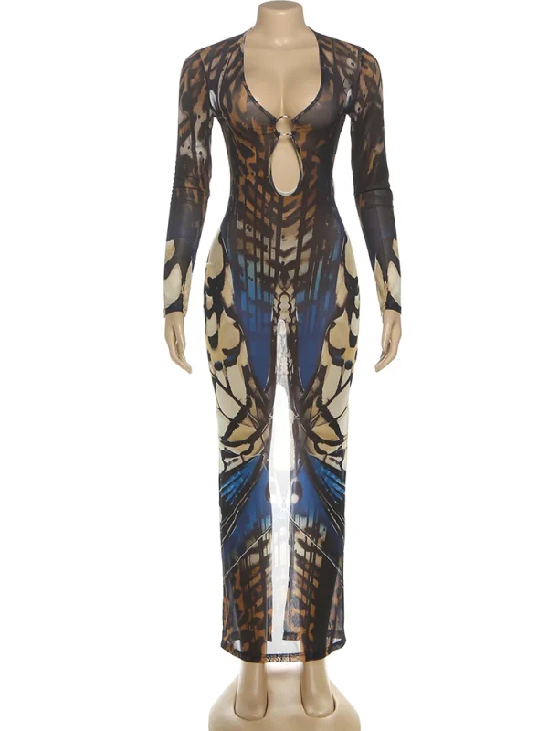 Nibber Abito con stampa a farfalla Donna Anello in metallo Hollow Collo basso Manica intera Splits Robe Mezzanotte Elegante Sexy Faashion Abiti 6