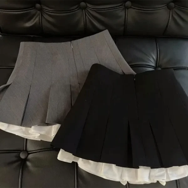 Mooyufon Ruffles Minigonna nera Donna Patchwork coreano Gonne a pieghe Kawaii giapponese a vita alta All Match A Line Gonna Nuovo 2