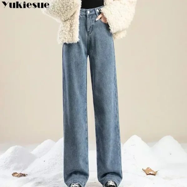 Pantaloni da donna 2023 moda invernale edizione coreana nuovo stile versatile vita alta cilindro dritto jeans a gamba larga in pile spesso 2