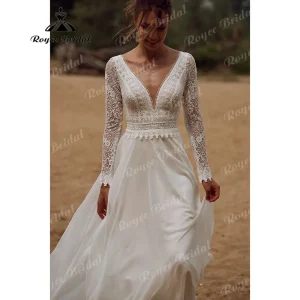 Abito da sposa senza schienale in pizzo a maniche lunghe con scollo a V Donna 2025 Elopement Beach Abito da sposa bohemien vestido de casamento Personalizzato 1