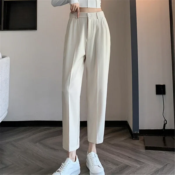 Pantaloni da abito a vita alta da donna 2024 Primavera Estate Bottone solido Casual Allentato alla caviglia Pantaloni da lavoro kaki da donna 3