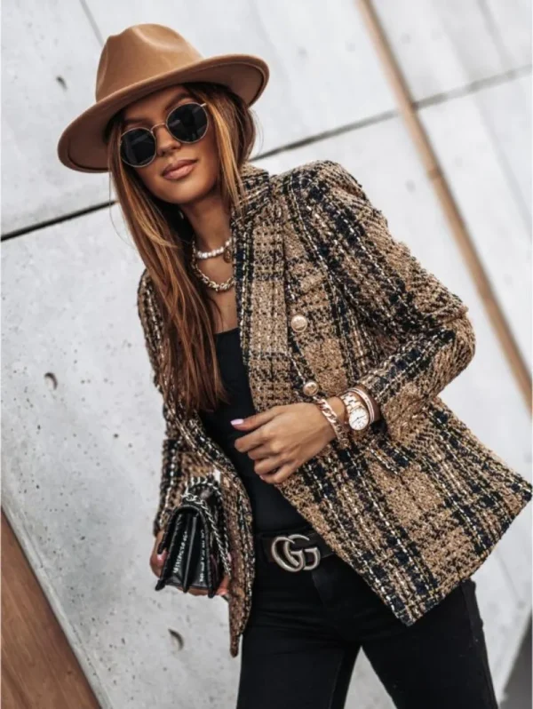 Donna New Vintage manica lunga doppio petto giacca scozzese cappotto tasche con patta bottoni casual giacca autunnale capispalla femminile 2