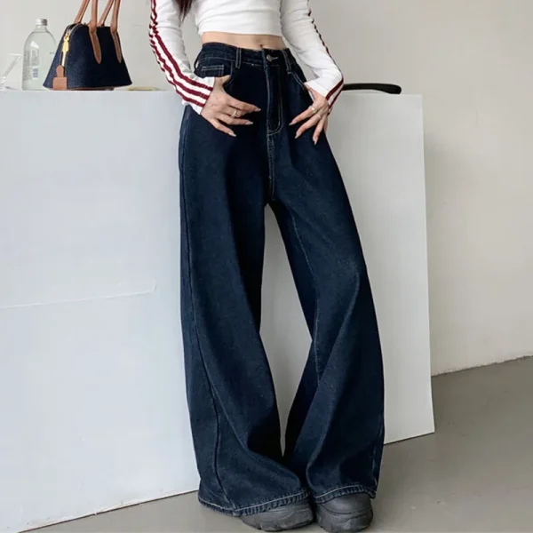 Jeans Y2K da donna autunno 2025 Pantaloni versatili in denim foderati in flanella blu scuro Pantaloni larghi con gamba dritta e lunghezza trascinante 2595 3