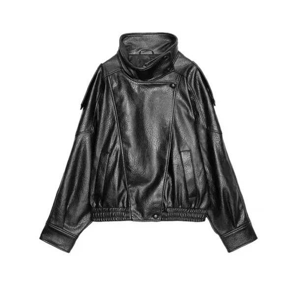 Colletto alla coreana Giacca corta in pelle da donna Cerniera Solido monopetto Manica intera Cintura con risvolto Cappotto 2025 Autunno Lady Chic Outwears 6
