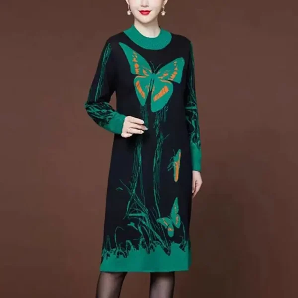 Eleganti abiti lavorati a maglia stampati a farfalla autunno inverno Casual impiombati abbigliamento donna a-line vita mezzo collo alto abito Midi 2