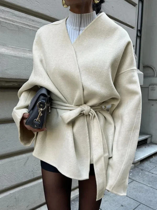 Cappotto con lacci solido moda per donna Giacca elegante a maniche lunghe con scollo a V 2025 Autunno Inverno New Lady Street Capispalla 3