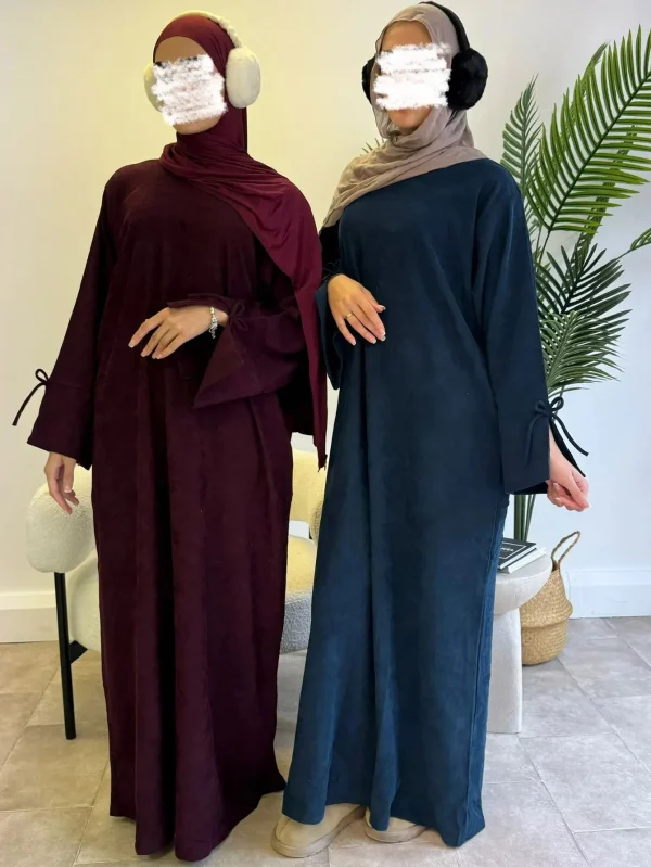 Inverno Velluto A Coste Fiocco Nodo Manica Abaya Donne Abito Musulmano Abbigliamento Modesto Donne Abaya Femmes Robe Musulmane Robes Abiti di Preghiera 3