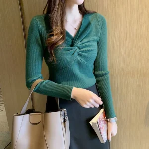 Primavera autunno Slim pullover lavorati a maglia abbigliamento donna coreana moda pieghe Casual tinta unita tutto-fiammifero elegante t-shirt con scollo a v 1