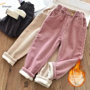 Pantaloni foderati in pile da ragazza Autunno Inverno Outfit Velluto a coste allentato Pantaloni a righe per bambini in velluto integrato in pile sottile 1