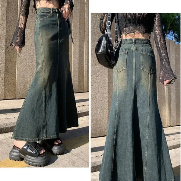Biyaby Sirena Gonne di jeans Autunno Inverno Donna Fasciatura sexy Gonna lunga fino al pavimento Donna Moda vintage Gonne a vita alta Donna 5
