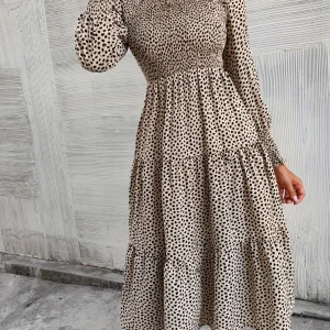 Abito longuette a strati con vita smock a maniche lunghe con stampa a pois beige e nero da donna - Abito casual elegante autunno inverno 1