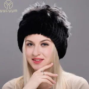 Vendita calda Russia Nuovo Inverno Berretti di Pelliccia Reale Cappello Delle Donne 100% Genuino Reale Rex Cappello di Coniglio Buona Elastico Lavorato A Maglia Rex Berretti di Pelliccia di Coniglio 1