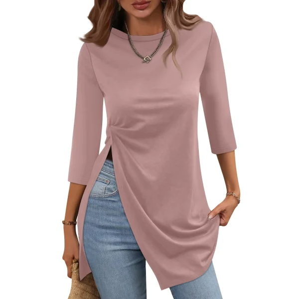 T-shirt da donna estiva minimalista tinta unita moda Casual con orlo diviso girocollo manica a tre quarti top Skinny traspiranti 2
