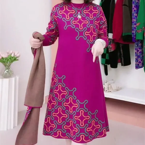 Abito longuette stampato allentato casual Abbigliamento femminile Girocollo Autunno Inverno Sciarpa elegante A-Line Vita Pendolarismo Abiti a maniche lunghe 4
