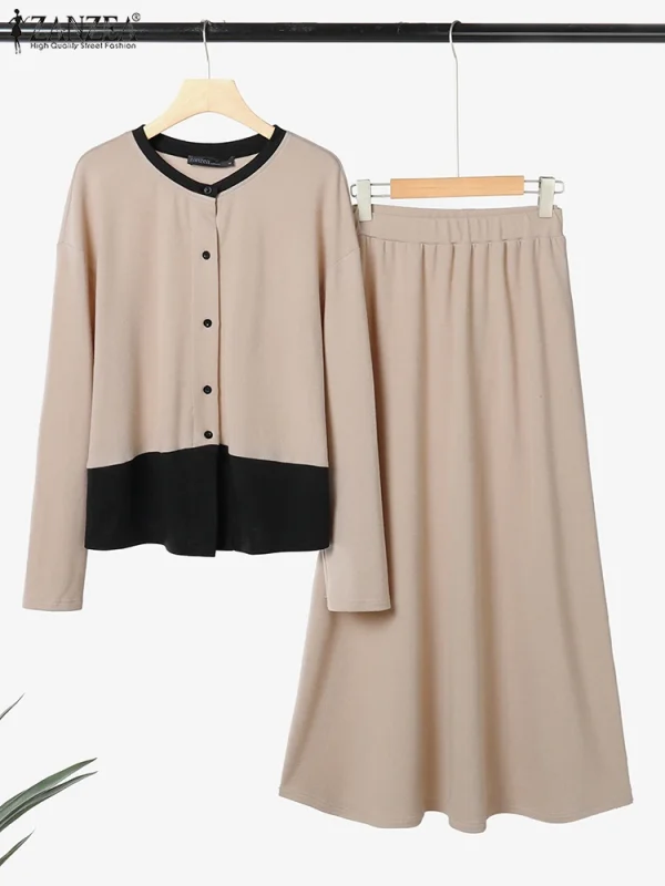 ZANZEA Set di abiti eleganti lavorati a maglia da donna 2025 Camicie patchwork di colore a maniche lunghe autunno e maxi gonne Moda casual allentata 2 pezzi 1