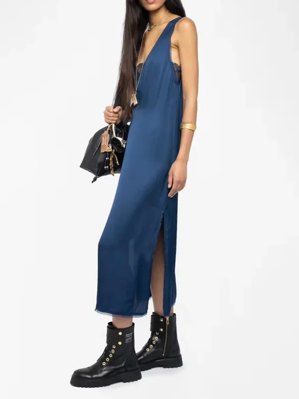 Abito longuette da donna in raso nero 100% viscosa con scollo a V impiombato in pizzo con spacco laterale senza schienale per donna 2