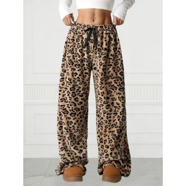 Pantaloni lunghi larghi da donna moda primavera autunno moda donna casual nuovi pantaloni stringati a gamba larga con stampa leopardata 3