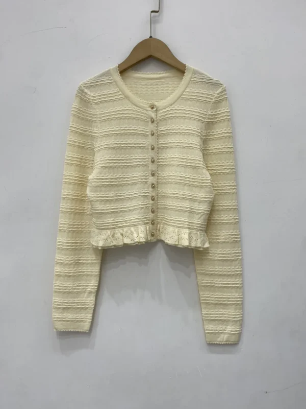 Abito longuette sottile con scollo a barchetta in maglia senza maniche da donna con volant o maglione cardigan monopetto a maniche lunghe 4