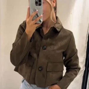 HH Giacca autunnale da donna Cappotto vintage in pelle scamosciata solida Manica lunga Colletto rovesciato Giacche corte Capispalla da strada alla moda 1