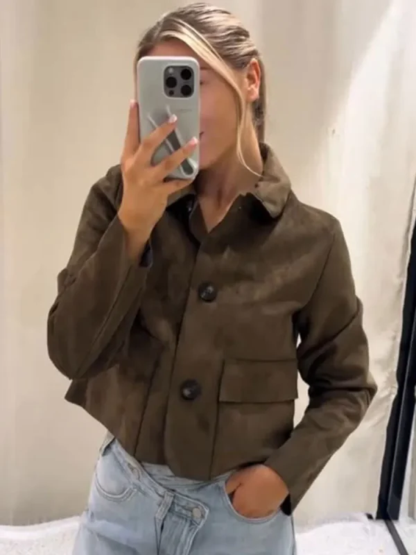 HH Giacca autunnale da donna Cappotto vintage in pelle scamosciata solida Manica lunga Colletto rovesciato Giacche corte Capispalla da strada alla moda 1