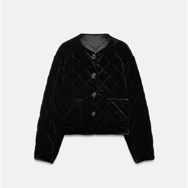 ETJ 2025 Inverno Nuovo Elegante abbigliamento da donna in velluto nero girocollo trapuntato giacca in cotone a maniche lunghe 9828986 1
