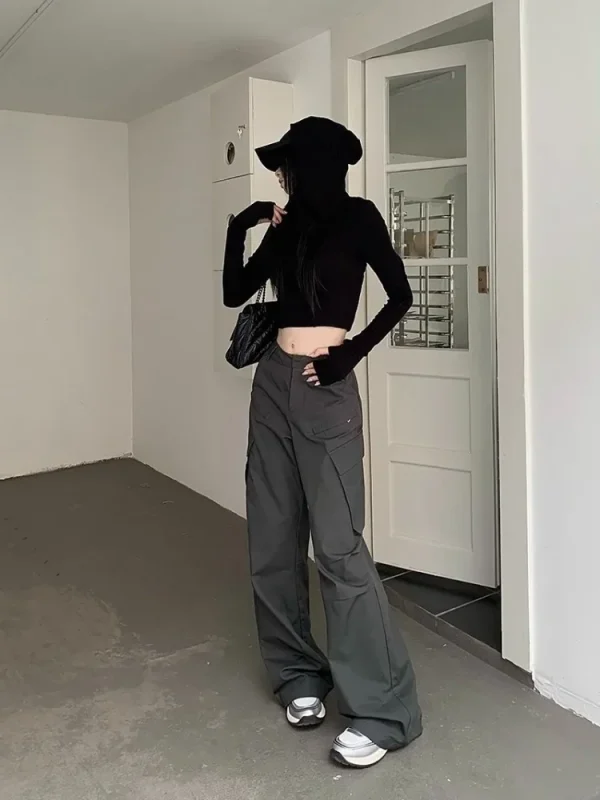 HOUZHOU Pantaloni Cargo da Donna Grigio Vintage Y2k Baggy Stile Coreano Pantaloni a Vita Alta Techwear Estetica Femminile Streetwear Hippie 4
